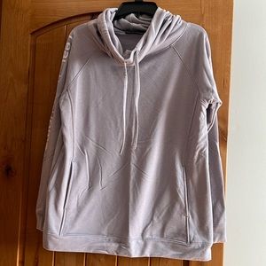 Light purple cowl neck sweatshirt.